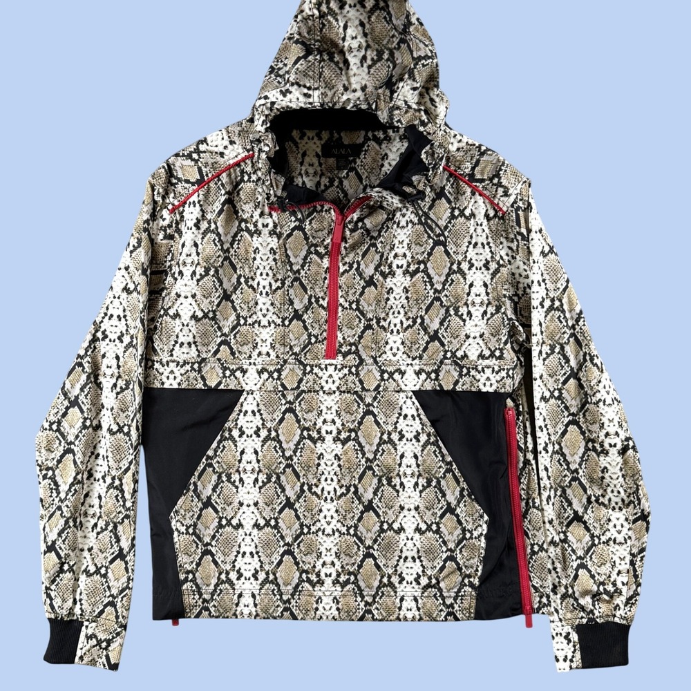 Alala Windbreaker Womens S Tan Snakeskin Print Hooded Anorak Jacket Activewear